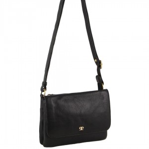 Black Pierre Cardin Leather Flap-over Crossbody Bag | 9628-OELQP