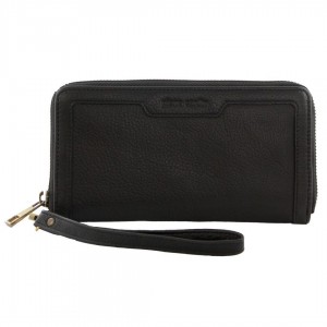 Black Pierre Cardin Leather Zip around wallet w Wristlet | 5701-QNSMY