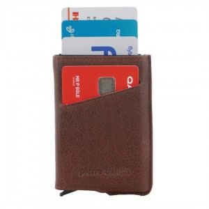 Brown Pierre Cardin Leather Smart Slide Card Holder Tab Wallet | 2659-JDAEG