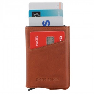 Brown Pierre Cardin Leather Smart Slide Card Holder Tab Wallet | 6794-BEZIN