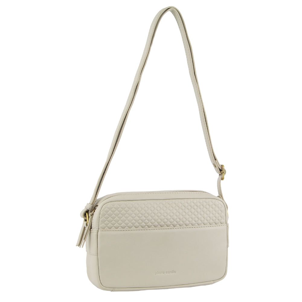 Beige Pierre Cardin Leather Diamond Pattern Embossed Crossbody Bag | 7369-ZSWNJ