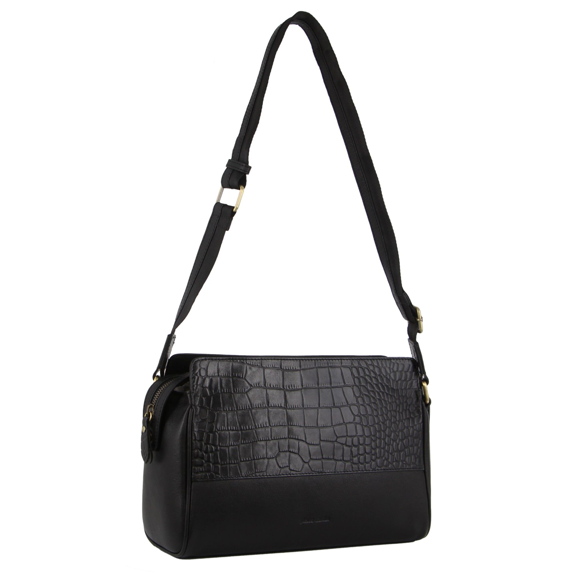 Black Pierre Cardin Croc-Embossed Leather Cross-Body Bag | 5416-GHXDC