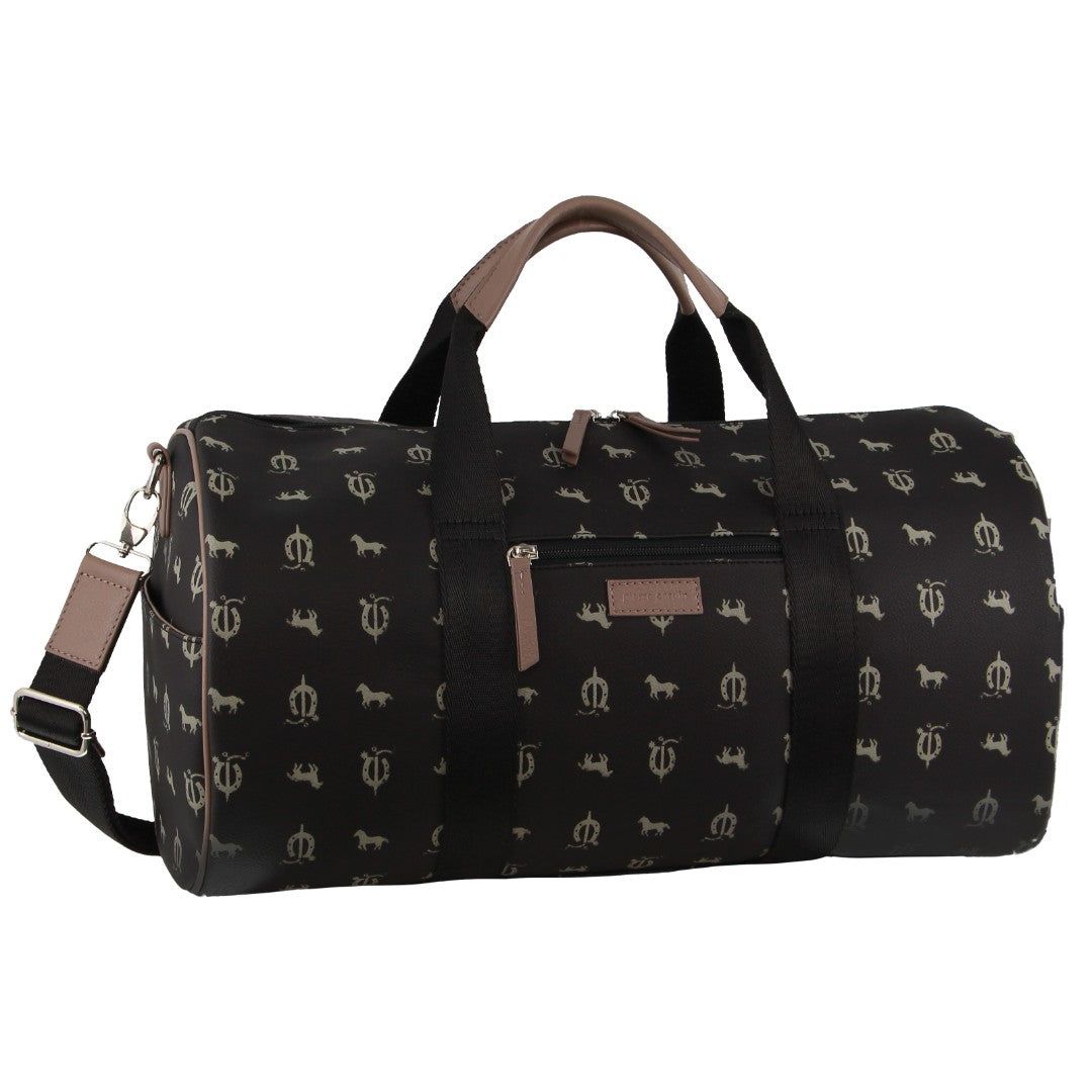 Black Pierre Cardin Leather Canvas Print Design Duffle Bag | 8320-CHAFB