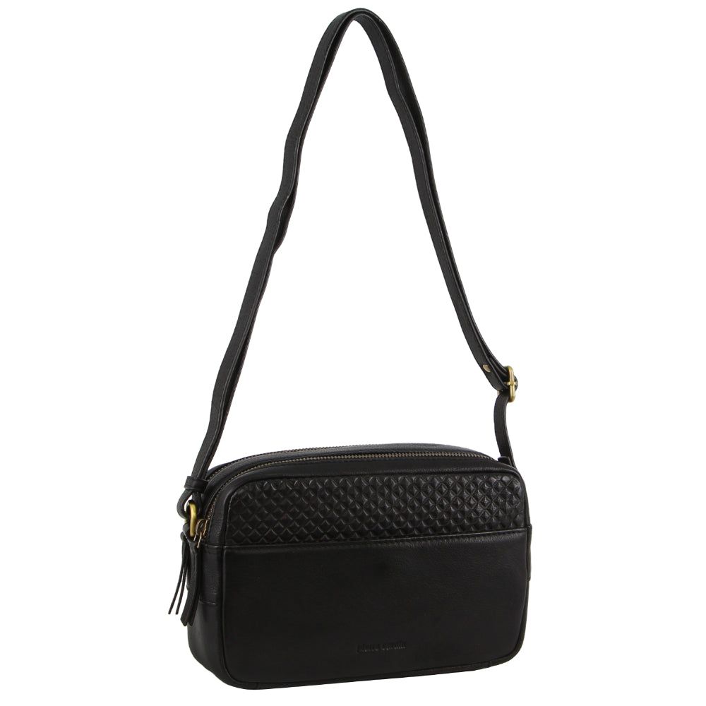 Black Pierre Cardin Leather Diamond Pattern Embossed Crossbody Bag | 1562-EYGAN