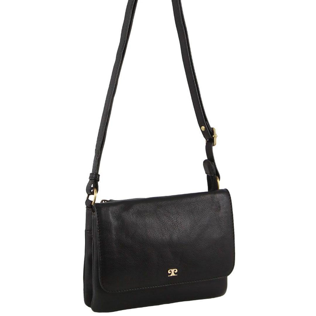 Black Pierre Cardin Leather Flap-over Crossbody Bag | 9234-PFUWZ