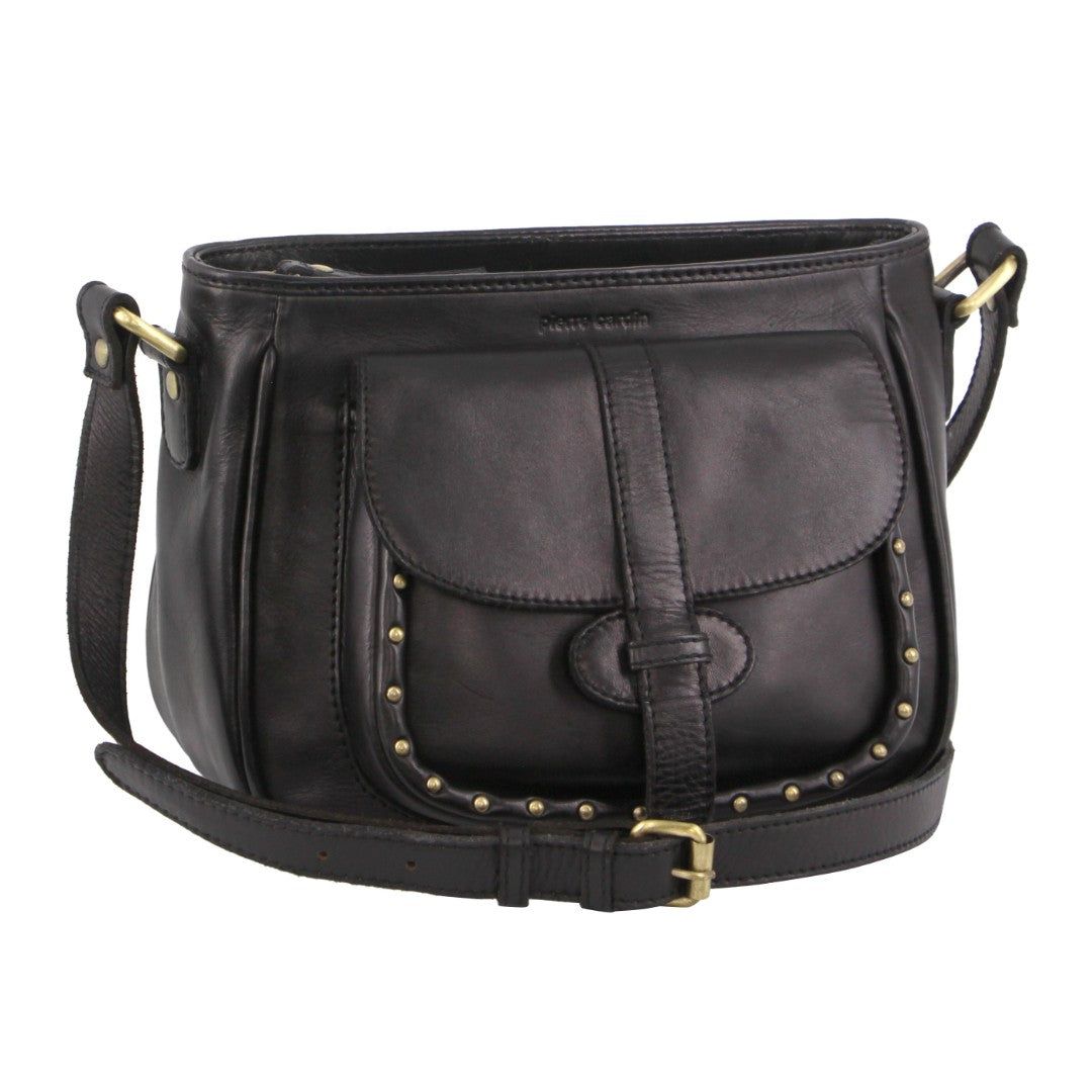 Black Pierre Cardin Leather Stud Detail Cross-body Bag | 8594-CIBSZ