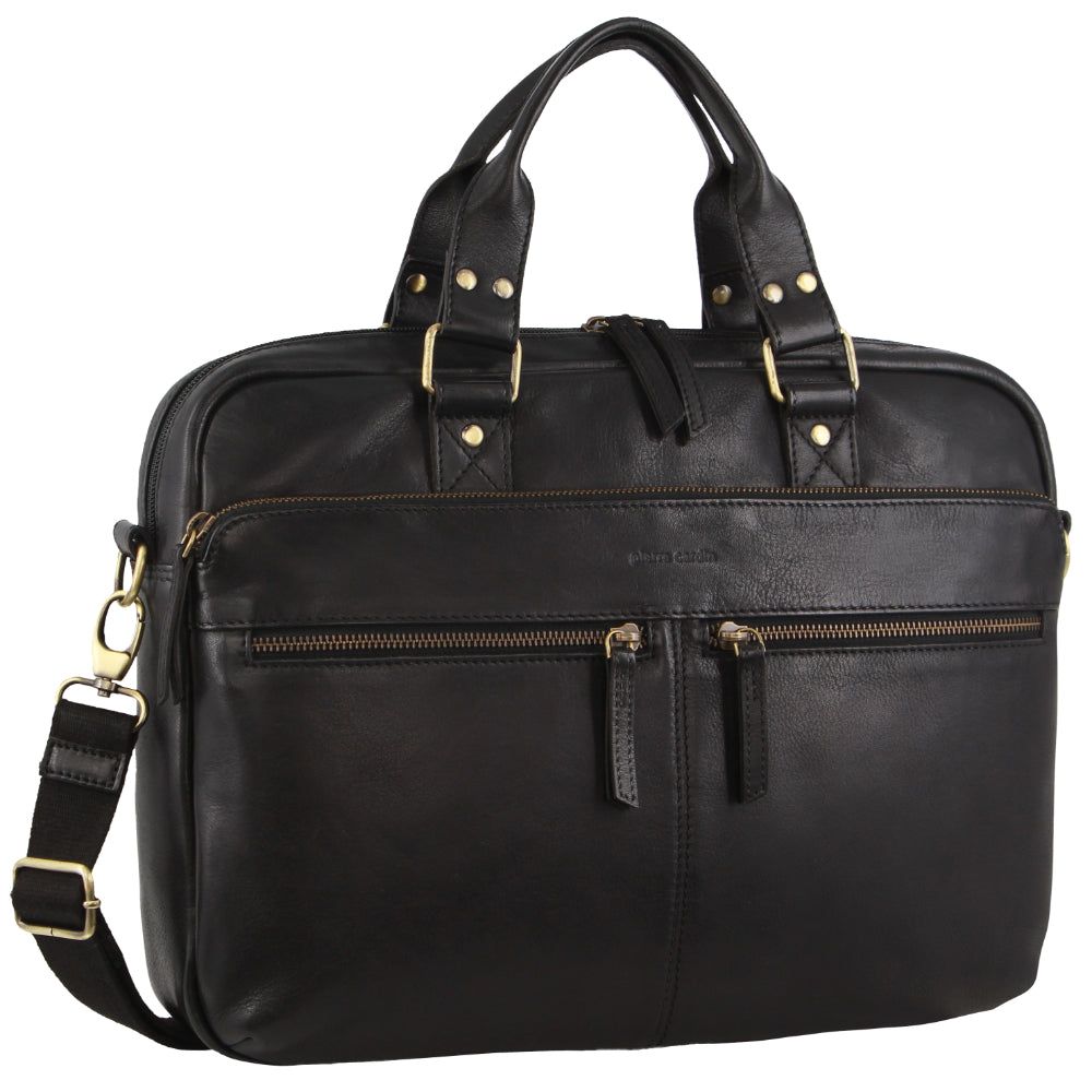 Black Pierre Cardin Multi-Compartment Leather Computer Bag | 2694-VNXIY