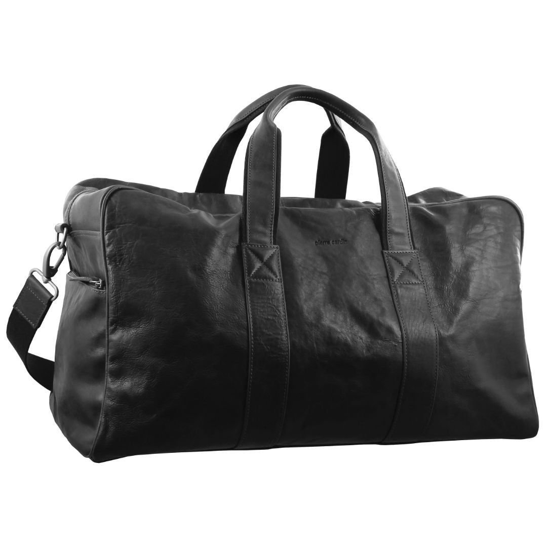 Black Pierre Cardin Rustic Leather Business Overnight Bag | 9218-URQTH