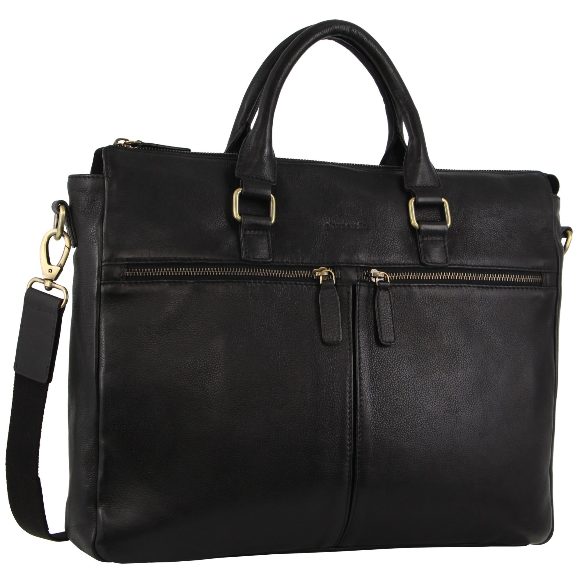 Black Pierre Cardin Rustic Leather Multi-Zip Computer Bag | 8904-GMOUL