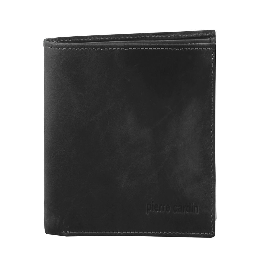 Black Pierre Cardin Rustic Leather Tri-Fold Wallet | 0486-ACYSM