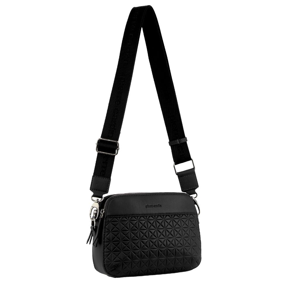 Black Pierre Cardin Webbing Strap Leather Crossbody Bag | 2098-ZWEUM