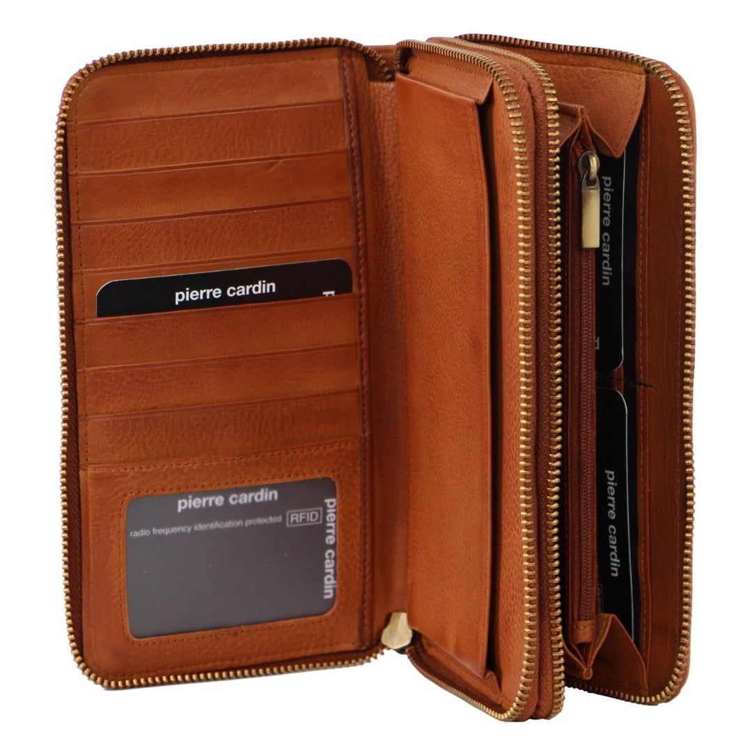 Brown Pierre Cardin Italian Leather Double Zip Wallet | 5247-HDYJP