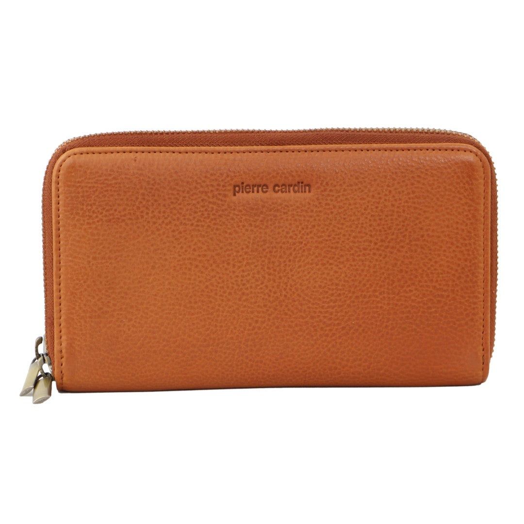 Brown Pierre Cardin Italian Leather Double Zip Wallet | 5247-HDYJP