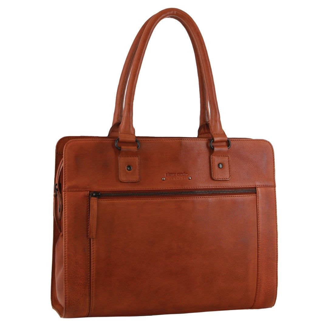 Brown Pierre Cardin Leather Computer Tote Bag | 0842-BYROT