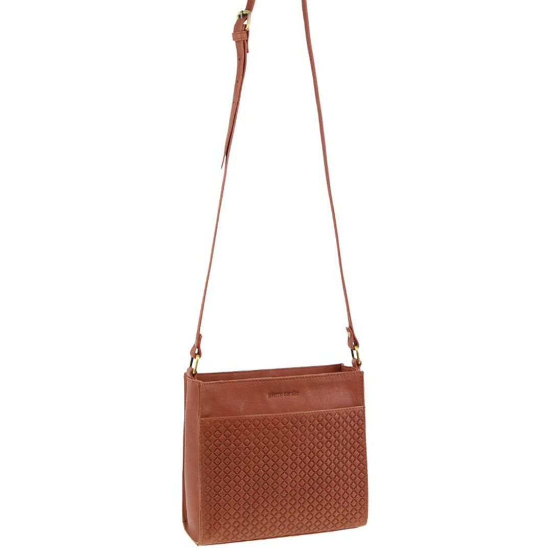 Brown Pierre Cardin Leather Diamond Pattern Embossed Cross-Body Bag | 7394-HPACG