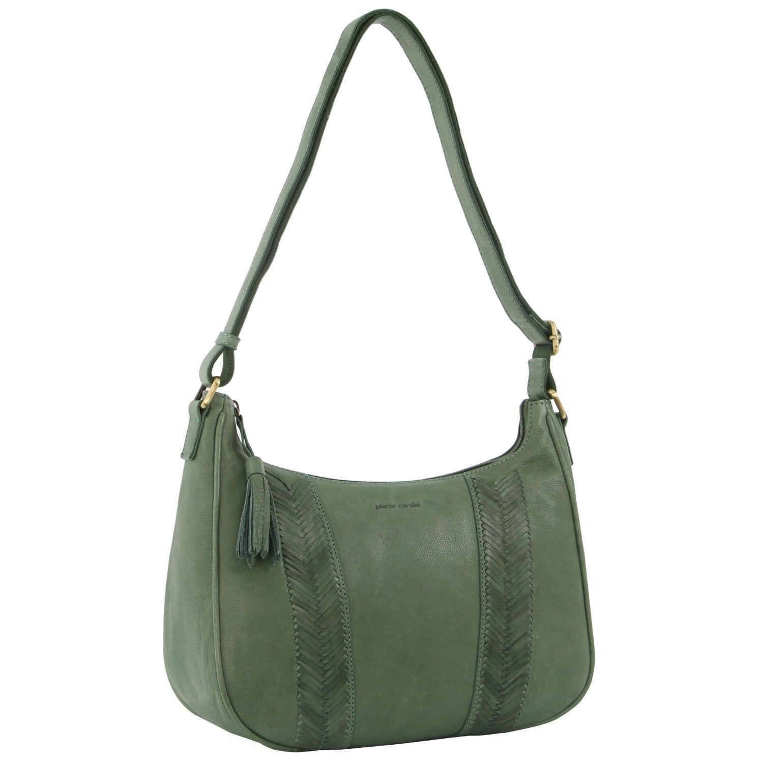 Green Pierre Cardin Herringbone Embossed Leather Tassle Crossbody Bag | 3568-GKHJM