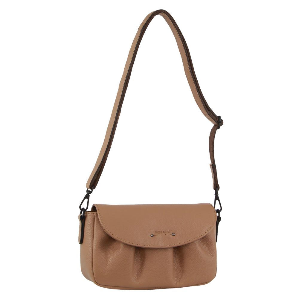 Light Brown Pierre Cardin Leather Pleated Design Crossbody Bag | 9354-STEYB