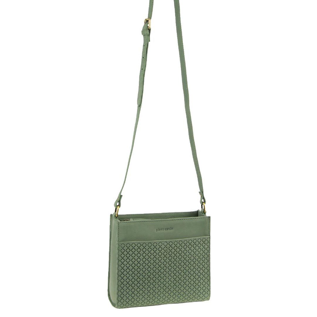 Olive Pierre Cardin Leather Diamond Pattern Embossed Cross-Body Bag | 2395-XDVRC