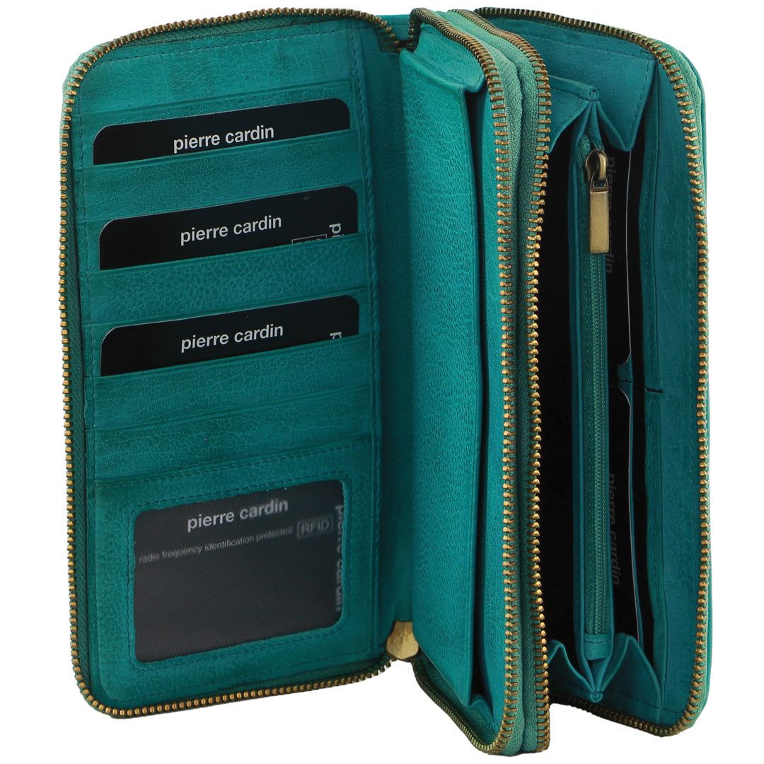 Turquoise Pierre Cardin Italian Leather Double Zip Wallet | 2758-AHBXG